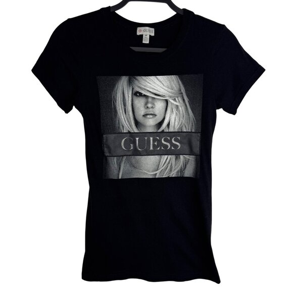 Guess Black Graphic T-Shirt Blonde Model Image & Large‎ Logo Womens S - Picture 1 of 5